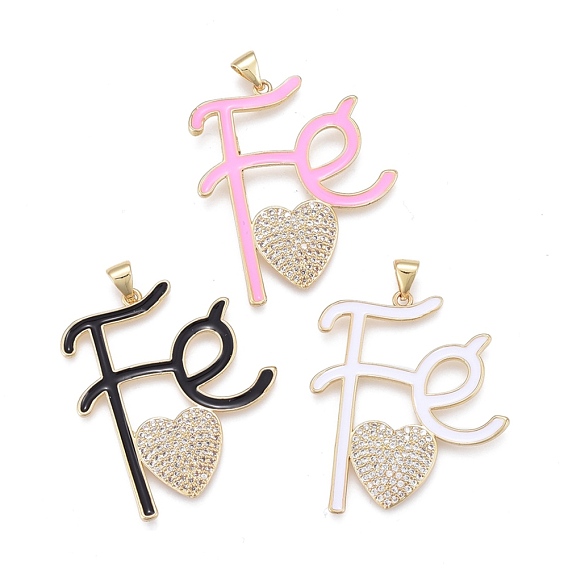 Brass Micro Pave Cubic Zirconia Pendants, with Enamel, Long-Lasting Plated, Golden, Letter and Heart