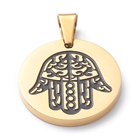 304 Stainless Steel Pendants, with Enamel, Polishing, Flat Round with Hamsa Hand/Hand of Miriam