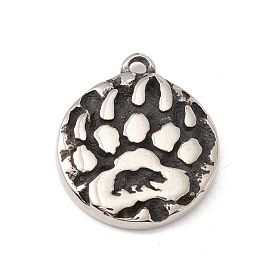 304 Stainless Steel Pendant, Flat Round with Bear Paw Print