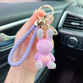 Cute Resin Letter Bunny Keychain with Leather Strap, Bell and Cartoon Charm Pendant