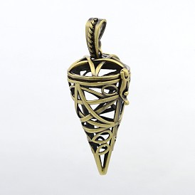 Cone Brass Cage Pendants, For Chime Ball Pendant Necklaces Making, Lead Free & Nickel Free & Cadmium Free, 47x22x22mm, Hole: 7x4mm