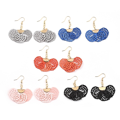 Dangle Earrings, with Iron Silk Pendant and Brass Earring Hooks, Flower, Golden