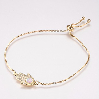 Регулируемые латунные браслеты Боло, слайдерные браслеты, С синтетическим опалом и кубическим цирконием, hamsa рука / рука fatima / рука miriam