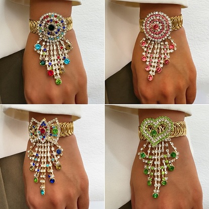 Ethnic Iron Rhinestone Tassel Cuff Bangles for Women, Golden