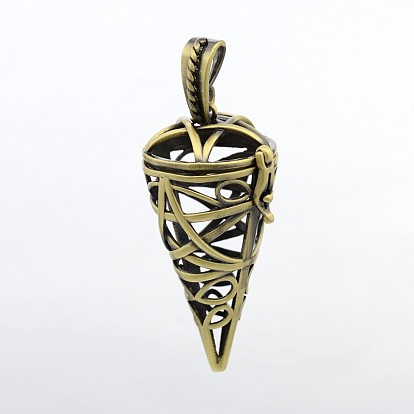 Cone Brass Cage Pendants, For Chime Ball Pendant Necklaces Making, Lead Free & Nickel Free & Cadmium Free, 47x22x22mm, Hole: 7x4mm
