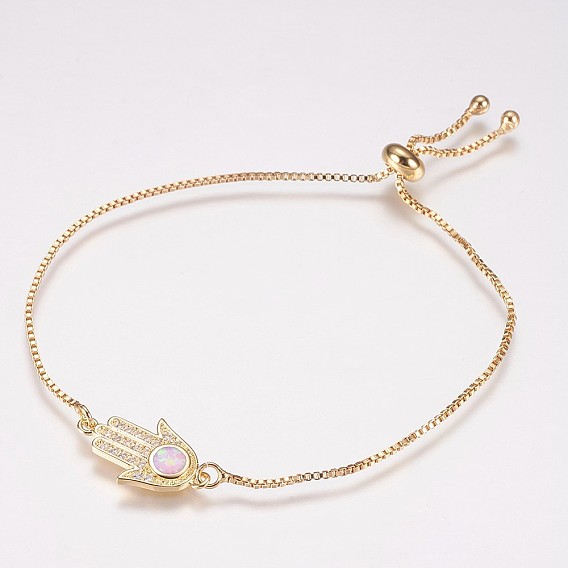 Регулируемые латунные браслеты Боло, слайдерные браслеты, С синтетическим опалом и кубическим цирконием, hamsa рука / рука fatima / рука miriam