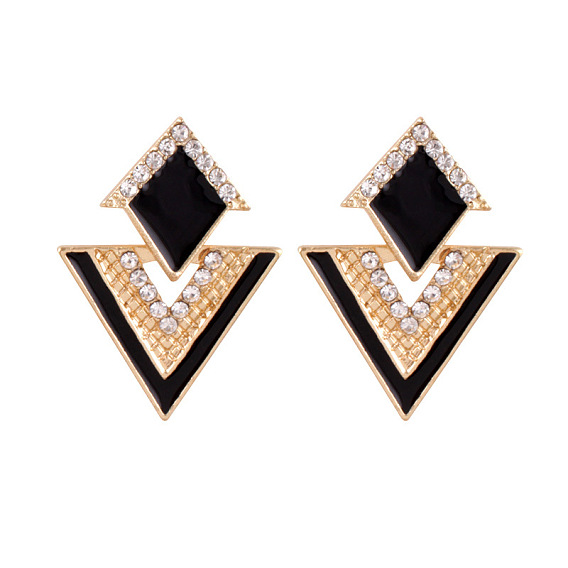 Серьги-гвоздики с подвесками из сплава в форме ромба и треугольника, украшенные кристаллами и стразами, с эмалью, золотые