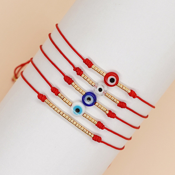 Vintage Evil Eye Miyuki Gold Beaded Braided Bracelets with Brass Beads for Women, Real 14K Gold Plated