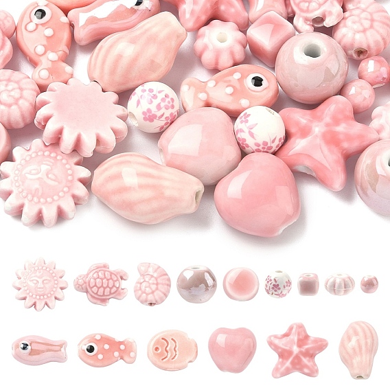 30Pcs 15 Styles Handmade Porcelain Beads, Bright Glazed Porcelain Style