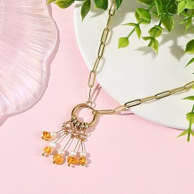 Natural Amber Chip & Natural Freshwater Pearl Beads Tassel Pendant Brass Paperclip Chain Necklaces