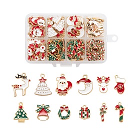 120Pcs 12 Style Light Gold Christmas Theme Alloy Enamel Pendants, Christmas Tree & Santa Claus & Moon & Reindeer/Stag & Glove & Jingle Bell & Candy Cane & Christmas Wreath & Gift