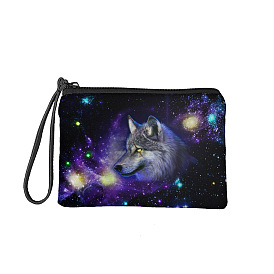 Polyester Wristlet Wallet, Change Purse for Women, with Bag Strap, Rectangle with Wolf & Universe Pattern