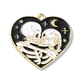 Halloween Alloy Enamel Pendants, Golden, Heart with Skeleton Couple Charm