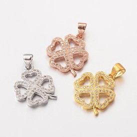 Clover Brass Micro Pave Cubic Zirconia Charms, Lead Free & Nickel Free, 18x16x2mm, Hole: 3x4mm