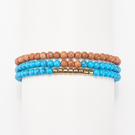 3Pcs 3 Style Natural Wood & Synthetic Turquoise(Dyed) & Hematite Stretch Bracelets Set, Gemstone Jewelry for Women