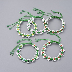 Adjustable Wreath Braided Bead Bracelets, Nylon Thread Square Knot Bracelet, with Glass Seed Beads