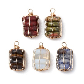 Natural Red Rainbow Jasper/Natural Tiger Eye/Natural Unakite/Natural Blue Spot Jasper/Opalite Copper Wire Wrapped Column Pendants, Real 18K Gold Plated