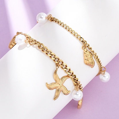 304 из нержавеющей стали шарм браслеты, 304 Браслеты из нержавеющей стали с панцирной цепью для женщин, акриловыми имитация жемчуга, ионное покрытие (ip)