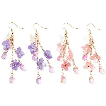 Цветок латунь болтаться серьги, со стеклом, смолой и пластиком, золотые