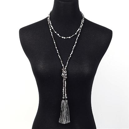 Adjustable Glass Beaded Lariat Necklaces, with Tassels, 59 inch