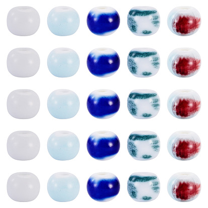 50Pcs 5 Colors Handmade Porcelain Beads, Round, Bright Glazed Porcelain