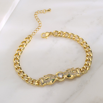 18K Gold Plated Leopard Head Bracelet with Zircon Stones for Women's Hip Hop Style Jewelry