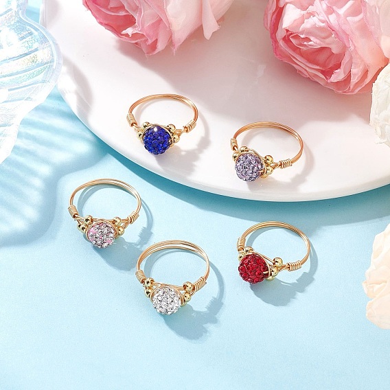 Кольца для женщин из полимерной глины ручной работы со стразами, круглые, с золотой экологичной медной проволокой