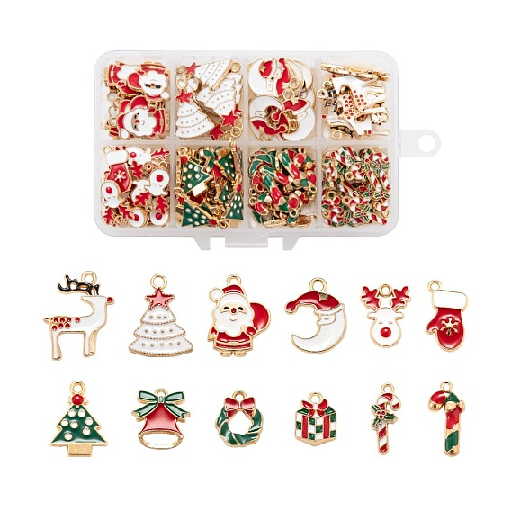 120шт 12 Стиль светло-золотой рождественский стиль подвески из сплава с эмалью, рождественская елка и санта клаус и луна и олени / олень и перчатки и колокольчик и леденец и рождественский венок и подарок