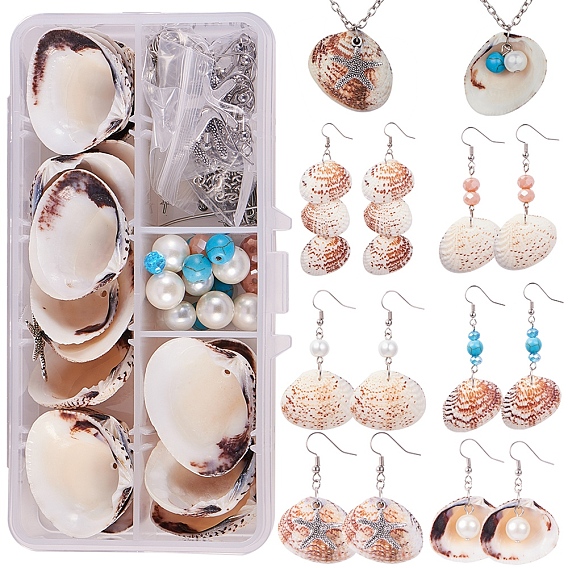 DIY Earring Making, with Clam Shell Beads, Synthetic Turquoise Beads, Glass Beads, Tibetan Style Pendants and Brass Earring Hooks