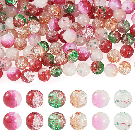 120Pcs 6 Colors Transparent Spray Painting Crackle Glass Beads, Round
