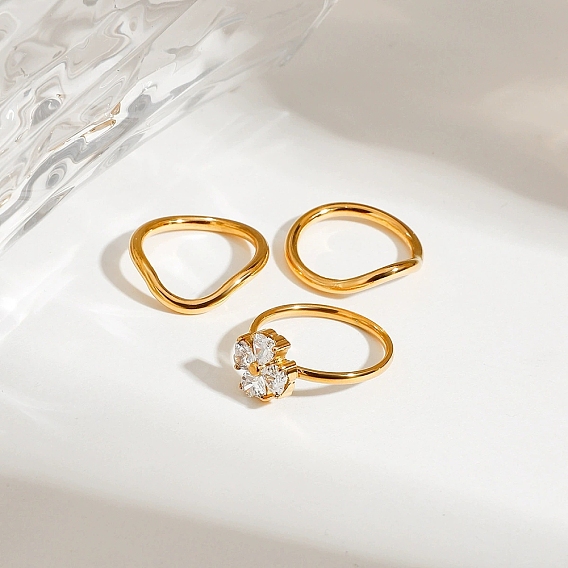 3шт. 304 наборы колец из нержавеющей стали с микропаве из кубического циркония, клеверные штабелируемые кольца