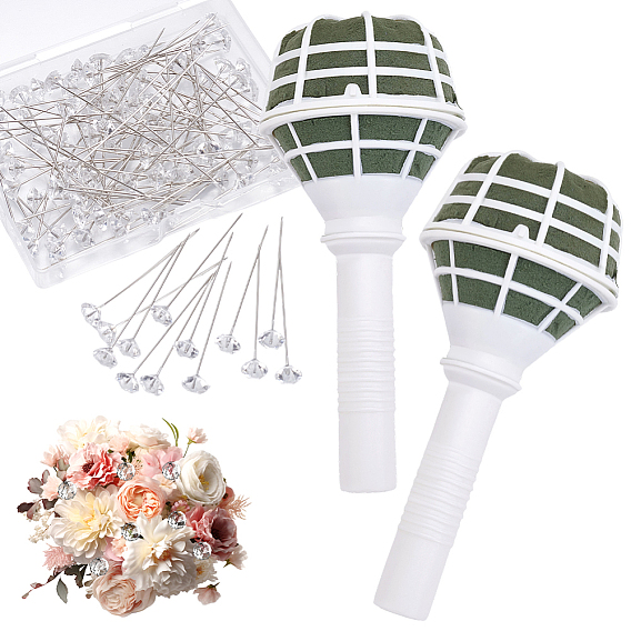 2Pcs Plastic Bridal Bouquet Holder, Flower Handle for Wedding Bouquet Decoration, with 100Pcs Plastic Diamond Head Straight Pins