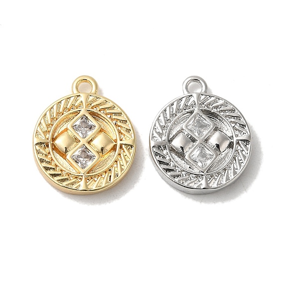 Brass Micro Pave Cubic Zirconia Charms, Flat Round