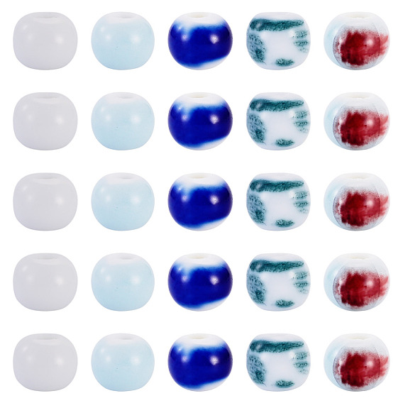 50Pcs 5 Colors Handmade Porcelain Beads, Round, Bright Glazed Porcelain