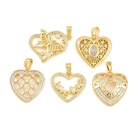 Brass Micro Pave Clear Cubic Zirconia Pendants, Heart Charms