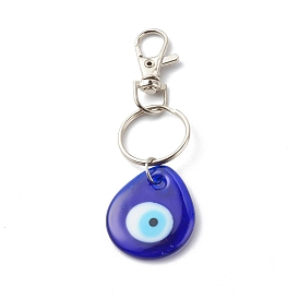 Handmade Lampwork Evil Eye Keychain, with Platinum Alloy Split Key Rings, Teardrop