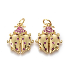 Brass Micro Pave Purple Cubic Zirconia Pendants, Long-Lasting Plated, with Jump Rings, Ladybug Shape