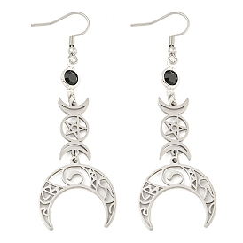 304 Stainless Steel Dangle Earrings for Women, with Glass Rhinestone, Moon with Star