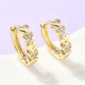 Серьги-кольца из латуни с микропаве и прозрачным кубическим цирконием в форме сердца, стойки покрытие, долговечный, без кадмия и без свинца