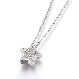304 Stainless Steel Pendant Necklaces, with Cubic Zirconia, Star