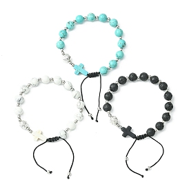 3Pcs 3 Style Gemstone Round & Cross Braided Bead Bracelets, Adjustable Nylon Cord Bracelets for Women