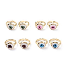 Brass Cuff Rings, Cadmium Free & Lead Free, Open Rings, with Resin Beads, Long-Lasting Plated, Real 18K Gold Plated, Evil Eye