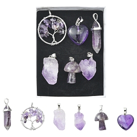 5 Styles Natural Amethyst Pendants, with Platinum Tone Brass Findings, Tree & Nuggets & Heart & Faceted Bullet, Mixed Shapes