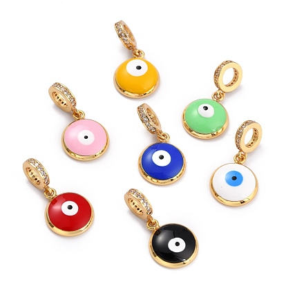 Brass Micro Pave Clear Cubic Zirconia European Dangle Charms, with Enamel, Long-Lasting Plated,  Large Hole Pendants, Flat Round with Evil Eye, Golden