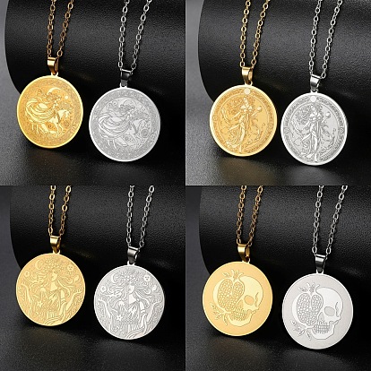 304 Stainless Steel Goddess Skull Round Medal Pendant Necklaces for Women