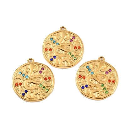 Ion Plating(IP) 304 Stainless Steel Pendants, with Colorful Rhinestone, Flat Round with Snake Charm