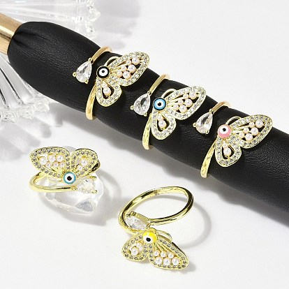 Латунные кольца с микропаве из прозрачного кубического циркония и эмалью, без кадмия, без никеля и без свинца, бабочка, с пластмассовой жемчужиной abs, реальный 18 k позолоченный