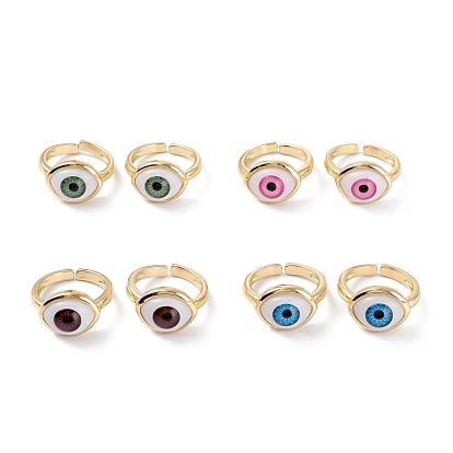 Brass Cuff Rings, Cadmium Free & Lead Free, Open Rings, with Resin Beads, Long-Lasting Plated, Real 18K Gold Plated, Evil Eye