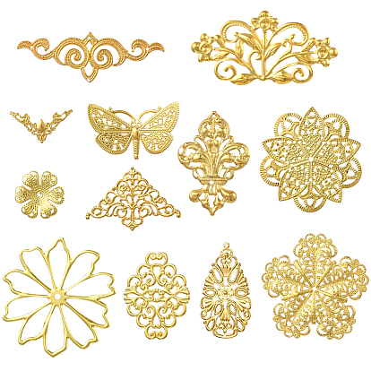 120 шт. 12 стили железные и сплавные филигранные люстры, компоненты, ссылки, Выводы по изготовлению свадебных головных уборов, золотые