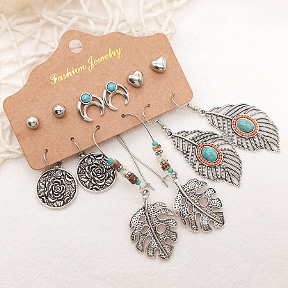 Charming Heart-shaped Hollow Earrings Set with Leaf and Wing Design - 6 Pairs